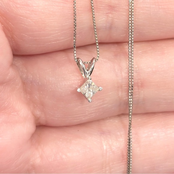 Vintage 14K White Gold Diamond Solitaire Necklace: Princess Cut Dainty Pendant - Picture 4 of 11
